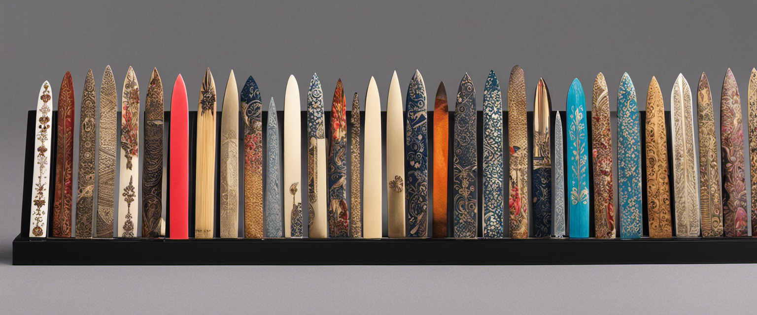 An image featuring a diverse collection of vintage nail files arranged meticulously on a display board, showcasing the evolution of their designs throughout history