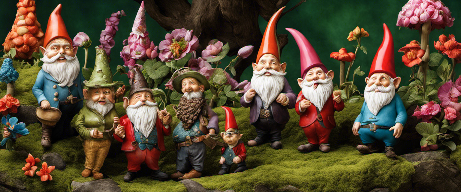 An image depicting a whimsical garden adorned with an array of peculiar garden gnomes, each boasting an eccentric outfit and unique pose, showcasing the bizarre and forgotten history of their unusual collecting culture