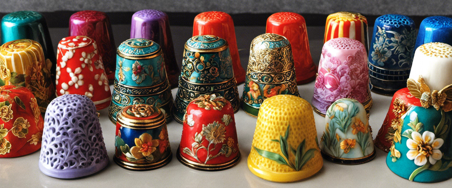 An image featuring an arrangement of intricately designed thimbles from various eras, with each unique thimble showcasing vibrant colors, delicate engravings, and quirky shapes, capturing the whimsical world of unusual thimble collecting