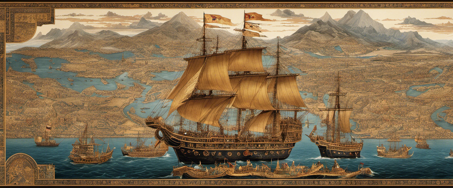 An image showcasing a mosaic of ancient trade vessels sailing through intricate sea routes, symbolizing the interconnectedness of civilizations and the significance of these routes in shaping global trade