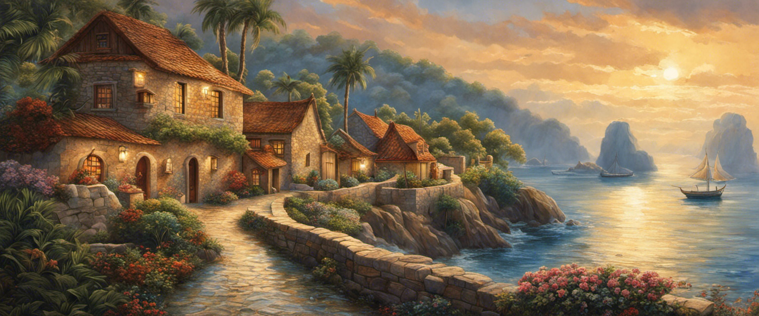 An image depicting a serene coastal village with an intricately carved tidal calendar on a stone wall, reflecting the ancient civilization's profound understanding and reverence for the subtle rhythms of the tides