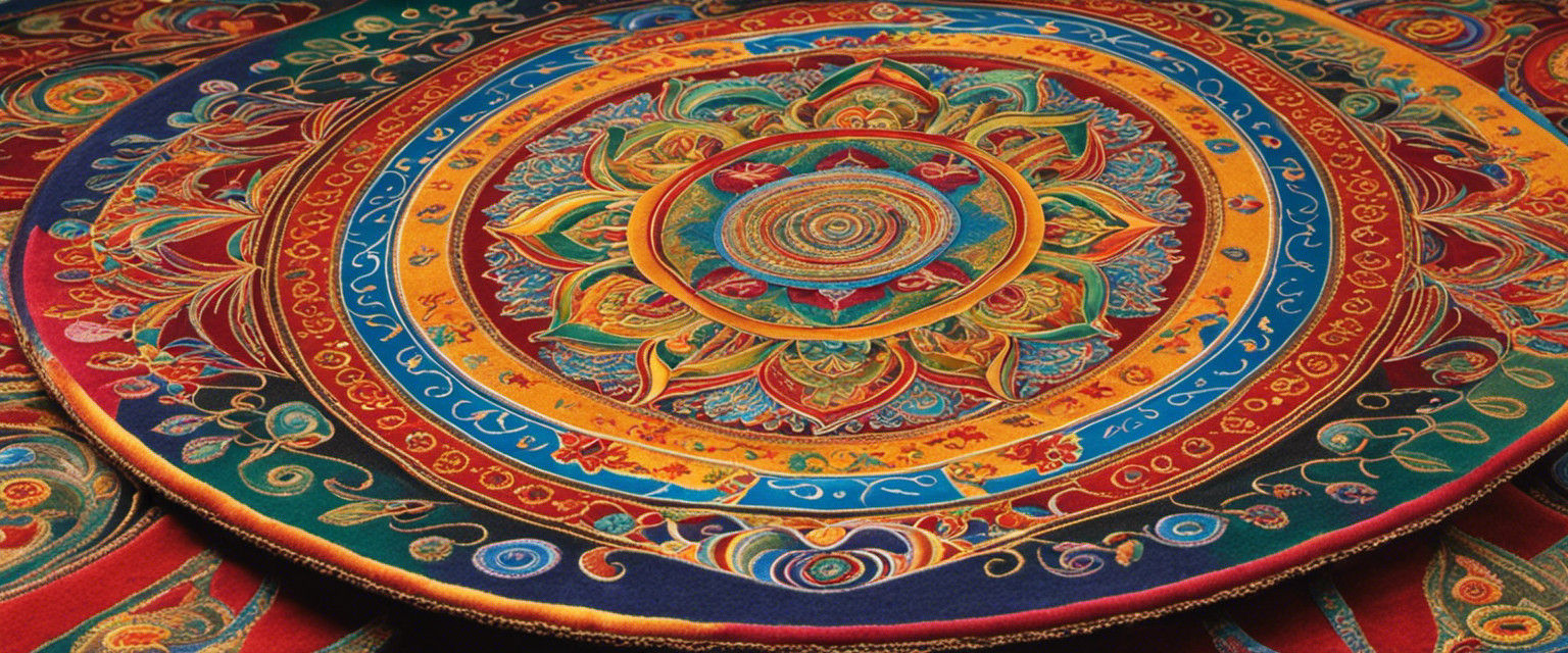 An image showcasing a close-up shot of a delicate sand mandala, meticulously crafted with intricate patterns and vibrant colors