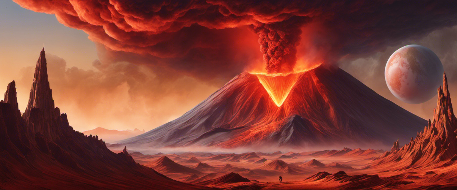 An image depicting a colossal volcano towering over the barren Martian landscape, its fiery red summit releasing billowing plumes of smoke, while tiny astronauts observe with awe and fascination
