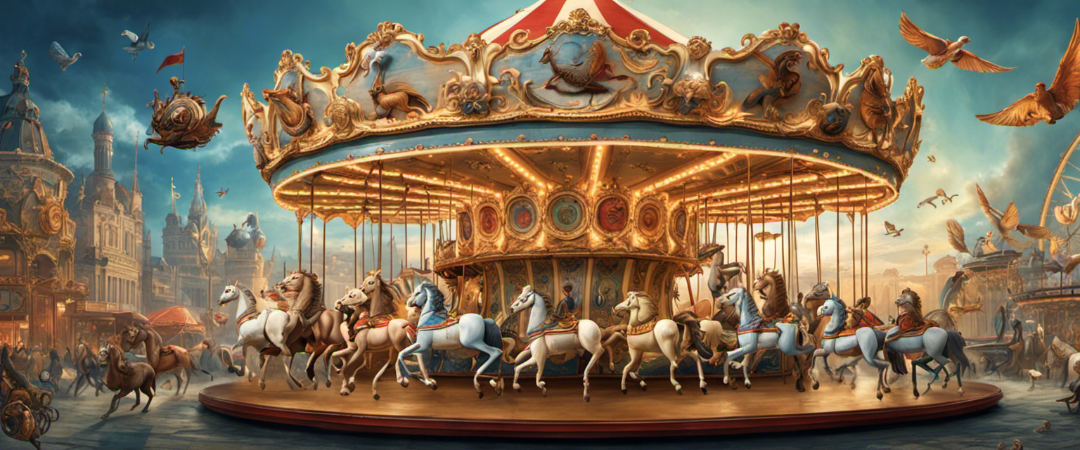 An image depicting a whimsical carousel ride, consisting of a never-ending line of unique, palindrome-inspired animals and mythical creatures, playfully highlighting useless knowledge about the English language's longest palindrome