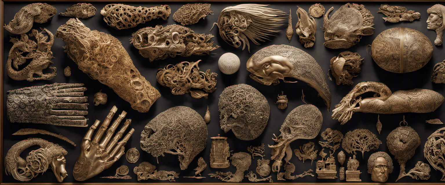 An image depicting a collection of intricately casted body parts, adorned with autographs of famous individuals