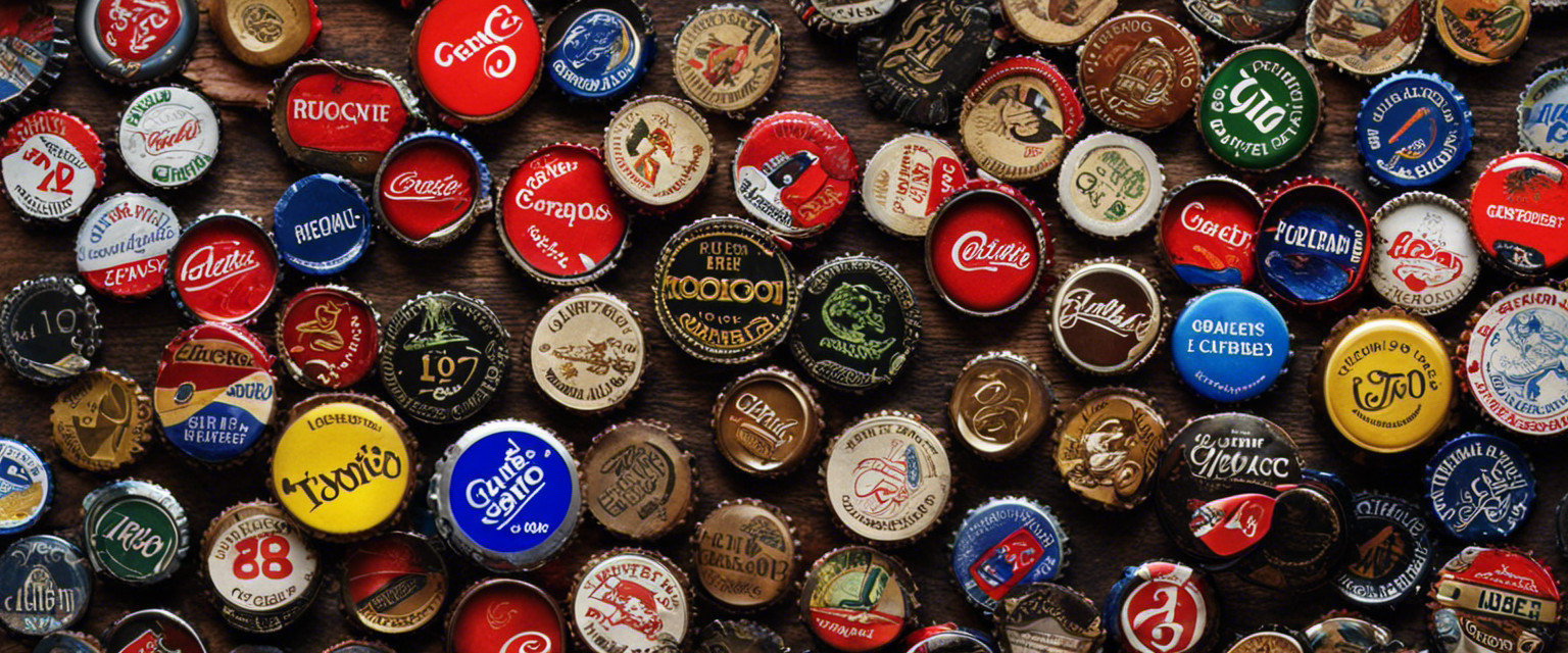 An image featuring a cluttered wooden table covered in a vibrant assortment of bottle caps