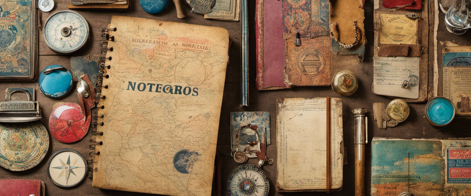 An image showcasing a weathered, vintage notebook adorned with an eclectic assortment of stickers