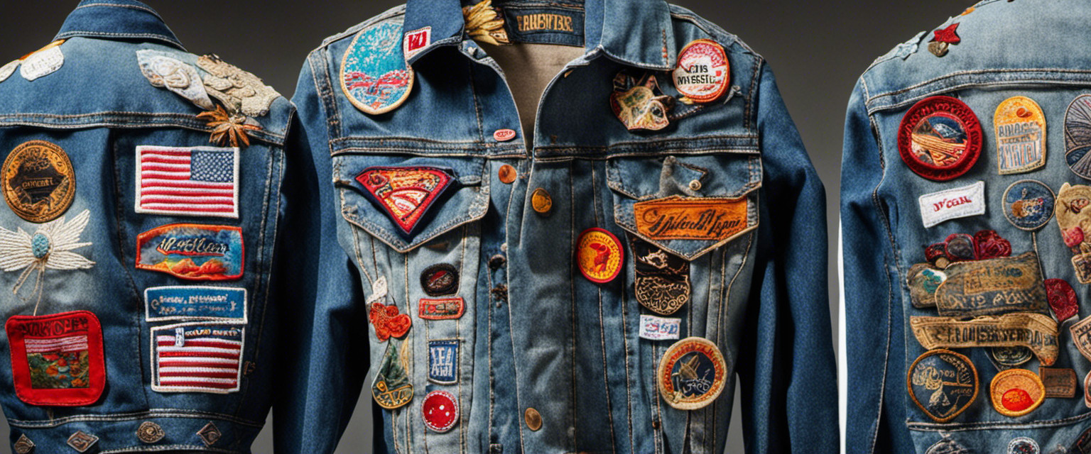 An image showcasing a worn-out jean jacket adorned with an array of mismatched patches, each telling a unique story