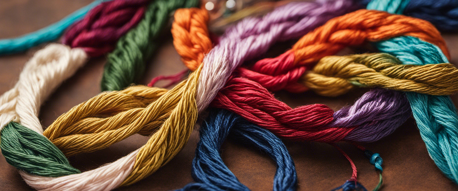 An image showcasing a pair of dexterous hands deftly intertwining vibrant skeins of embroidery floss, forming intricate knots that transform into nostalgic friendship necklaces