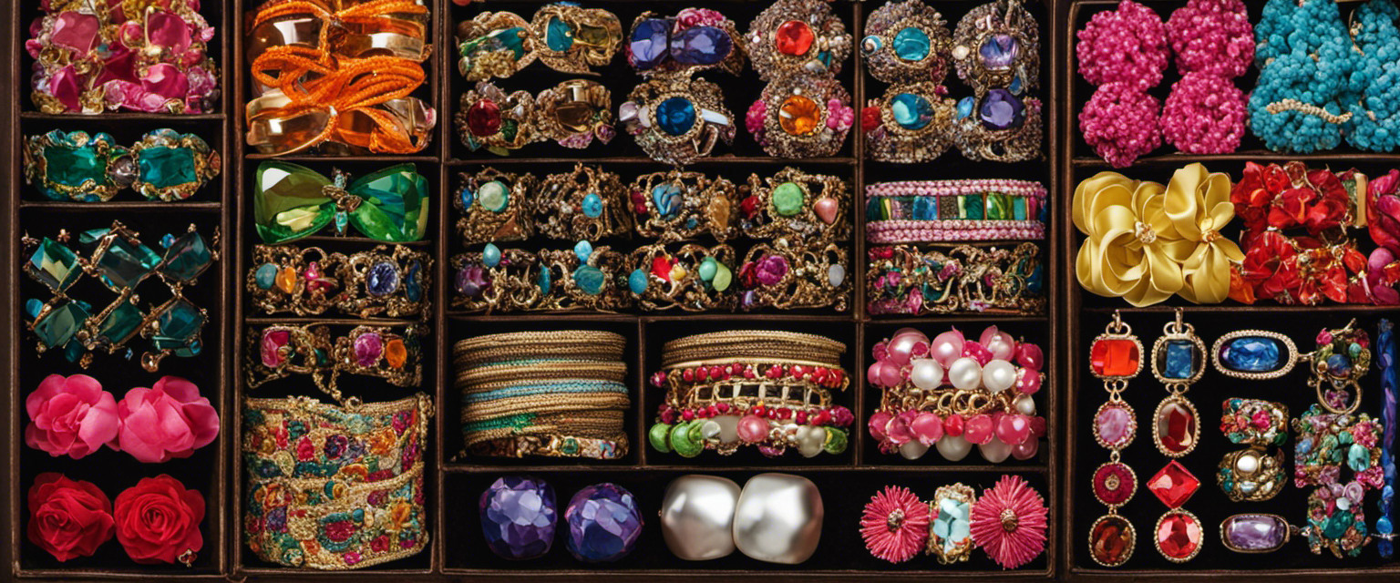 An image showcasing a colorful assortment of intricate gum wrapper jewelry and accessories, such as bracelets, earrings, and keychains, displayed on a velvet-lined vintage jewelry box