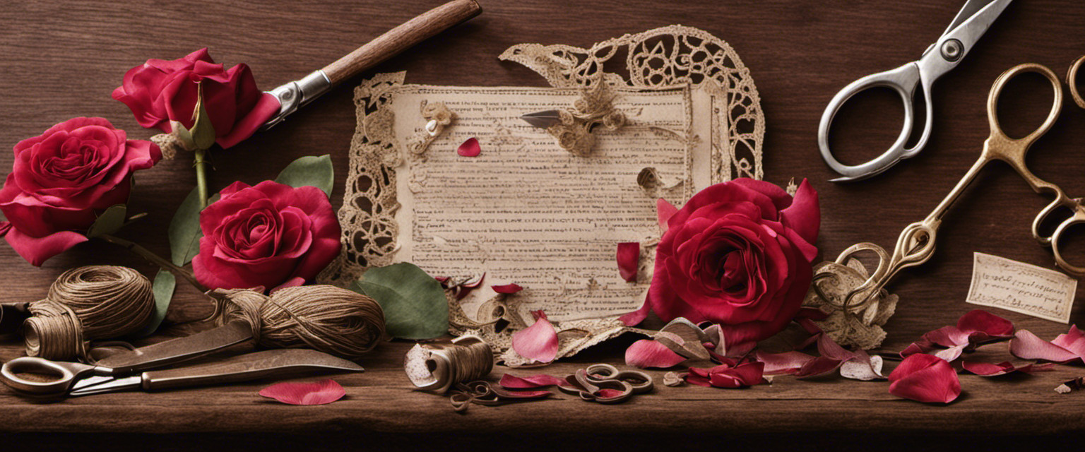 An image of a cluttered workbench adorned with vintage scissors, delicate lace, faded love letters, intricate paper cutouts, and dried rose petals; a visual tapestry celebrating the forgotten craft of hand-making personalized Valentines