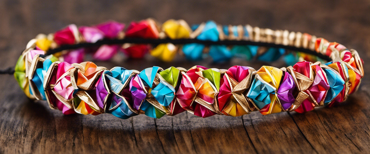 An image depicting an intricately folded gum wrapper bracelet, adorned with colorful patterns, skillfully crafted by nimble fingers