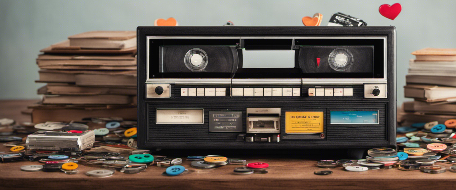 An image showcasing a vintage cassette tape deck with colorful buttons and dials, surrounded by a sea of discarded cassette tapes, each adorned with hand-drawn hearts, song titles, and faded memories