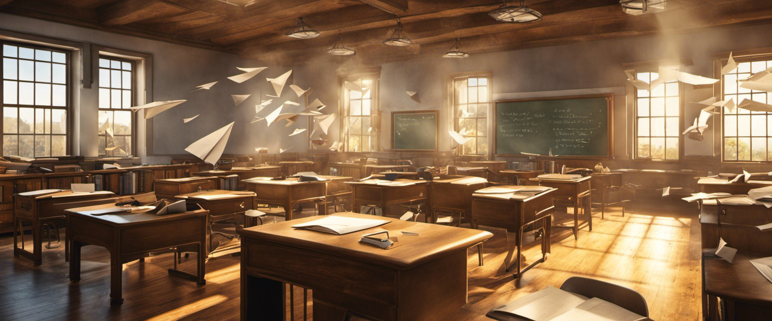 An image capturing the nostalgia of passing notes in class: a classroom setting with sunlight streaming through dusty windows, paper airplanes soaring through the air, and mischievous grins on students' faces