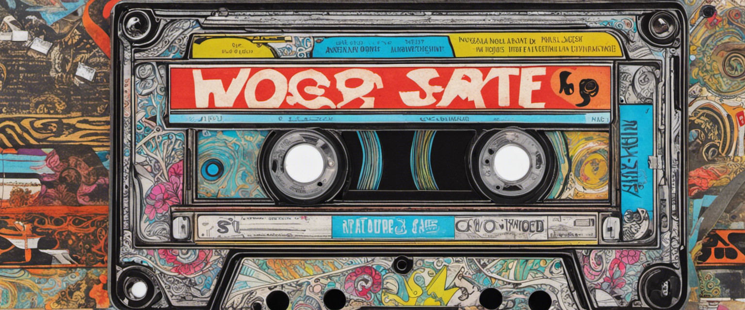 An image of a worn-out cassette tape adorned with intricate hand-drawn designs, faded album covers, and heartfelt messages