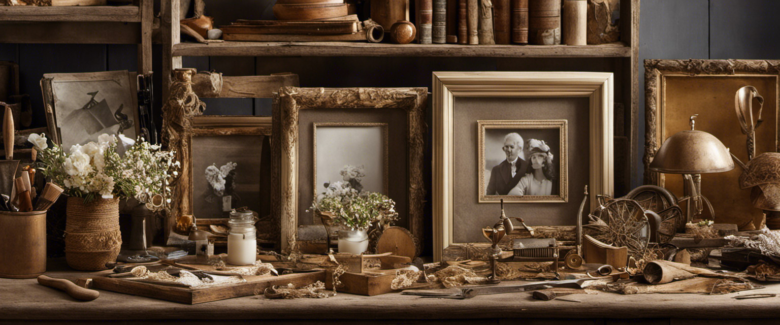 An image capturing the essence of personalized picture frame crafting: A cluttered work table adorned with an array of vintage tools, delicate wood shavings, and intricate frames in various stages of completion, all bathed in soft, natural light