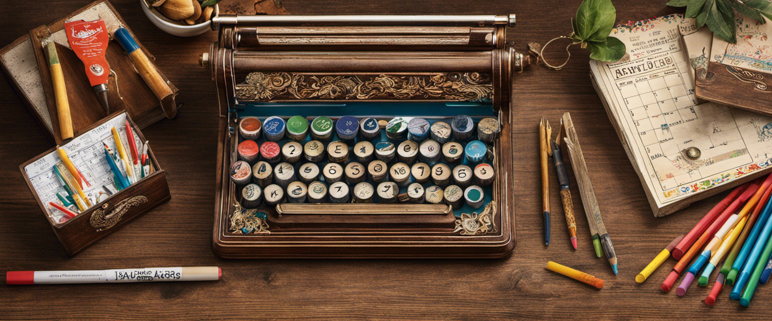 An image showcasing a vintage wooden desk cluttered with colorful markers, intricate stencils, and personalized calendars adorned with hand-drawn illustrations, showcasing the lost art of personalizing calendars for friends