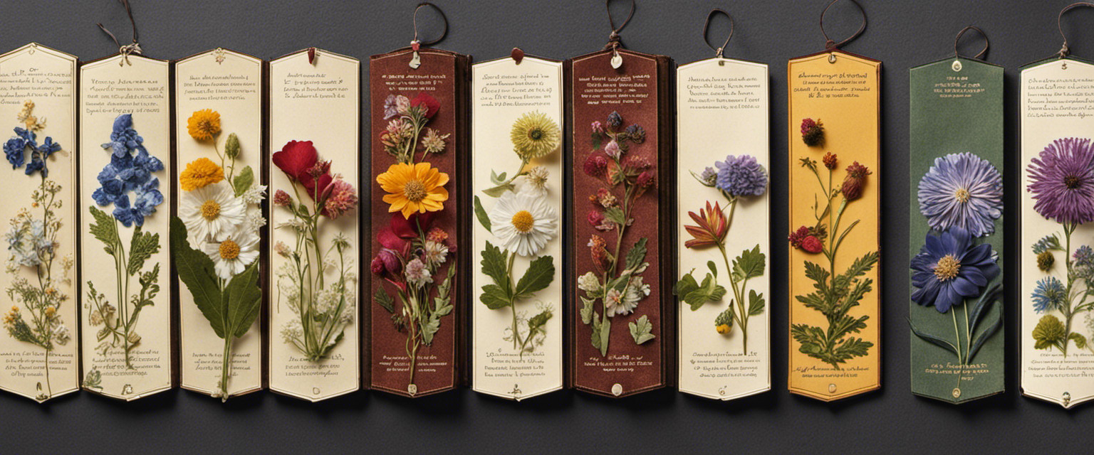 An image capturing the delicate essence of pressed flower bookmarks: a weathered, leather-bound book opened to reveal a meticulously arranged collection of vibrant, flattened flowers, their intricate patterns frozen in time