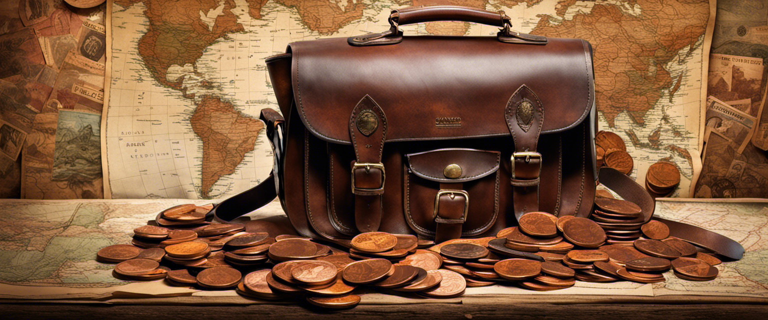 An image of a worn-out leather satchel overflowing with gleaming, uniquely pressed pennies from iconic national monuments, scattered against a backdrop of faded maps and vintage postcards