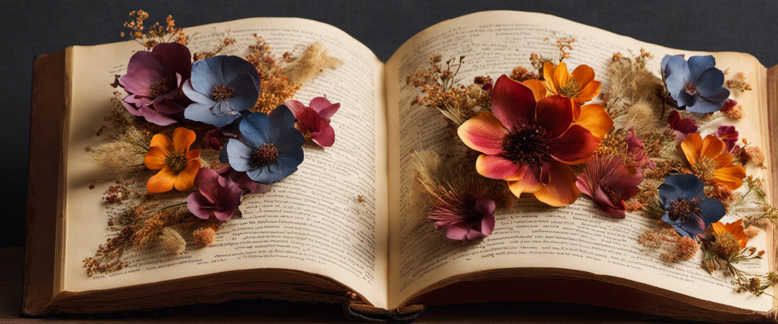 An image of an opened book with dried flowers delicately pressed between its torn pages, revealing the intricate patterns and vibrant colors of the preserved blooms