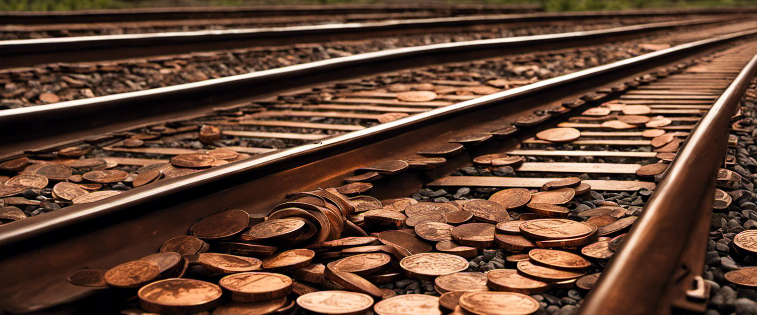 An image capturing the essence of the lost art of pressing copper pennies on railroad tracks: a rusty track stretching into the distance, adorned with flattened pennies, each bearing the marks of time and forgotten tales