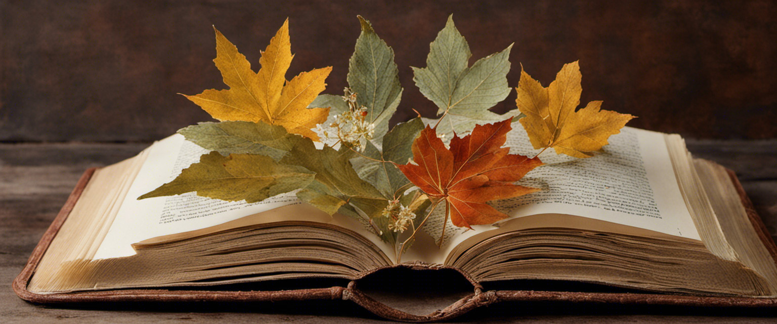 An image capturing the delicate beauty of pressed leaves and flowers nestled between the pages of a worn vintage book, evoking nostalgia and the forgotten artistry of preserving nature's ephemeral treasures
