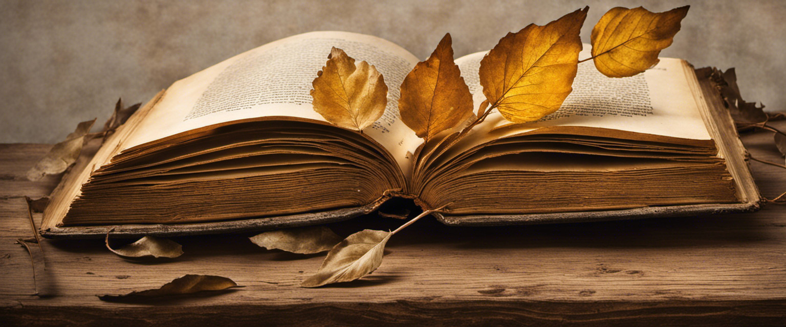 An image showcasing a weathered, antique book partially opened, revealing delicate, flattened leaves pressed between its pages