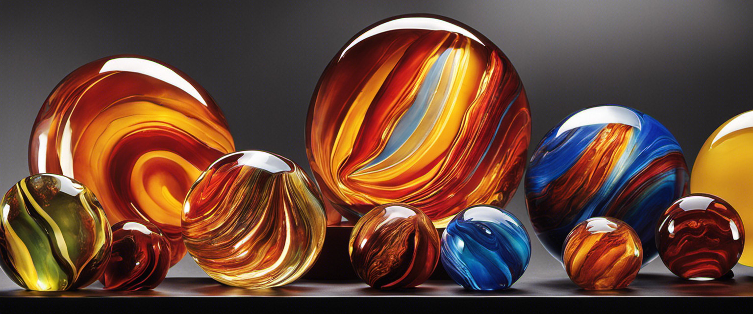 An image showcasing the intricate dance of molten glass, as artisans mold it into vibrant spheres, capturing the mesmerizing journey of manufacturing marbles