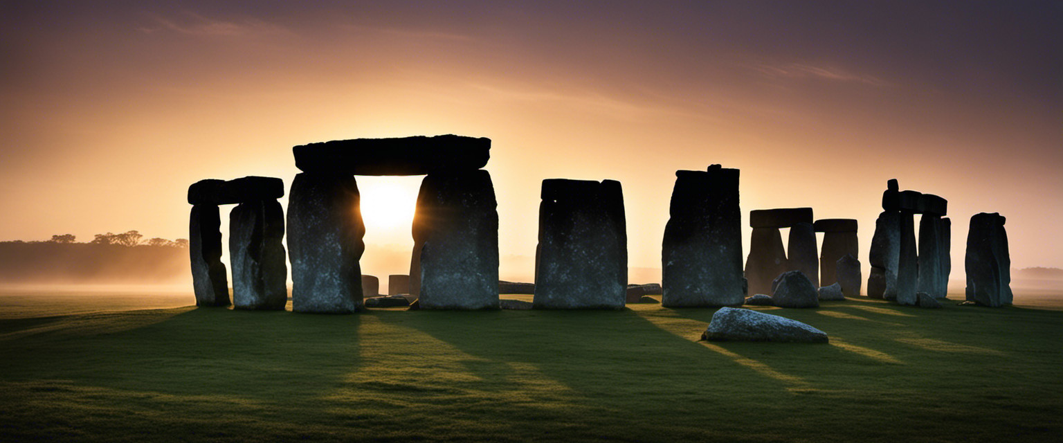 An image displaying the enigmatic allure of Stonehenge: a mist-laden dawn horizon, silhouetted ancient stones shrouded in ethereal light, casting elongated shadows that dance beneath a celestial canopy, beckoning curiosity and wonder