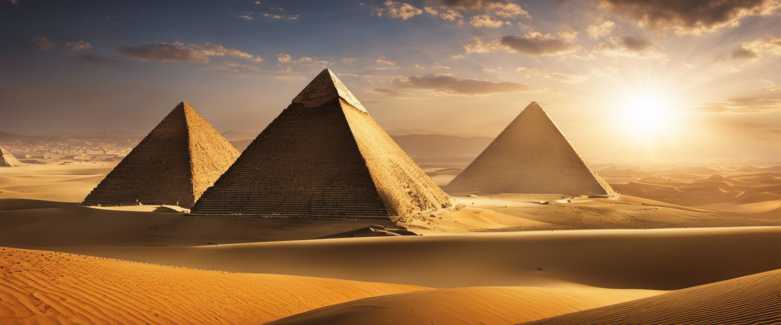 An image showcasing the enigmatic Great Pyramid of Giza; capture its towering grandeur against a backdrop of desert sands, while subtly hinting at ancient secrets through an ethereal play of light and shadow