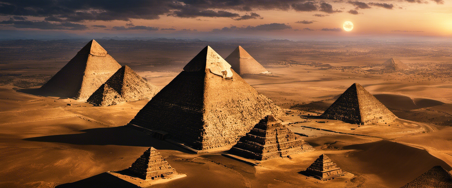 An image showcasing an aerial view of the majestic Great Pyramids at dusk, with a subtle silhouette of a curious explorer standing nearby, emphasizing the enigmatic allure and useless knowledge surrounding these ancient wonders