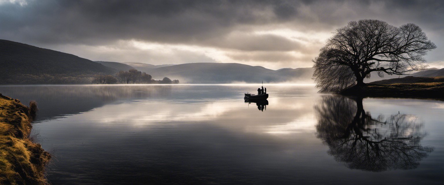 An image capturing the enigma of Loch Ness; misty waters mirroring a shadowy silhouette, with a lone boatman searching for answers amidst the rugged, mythical landscape