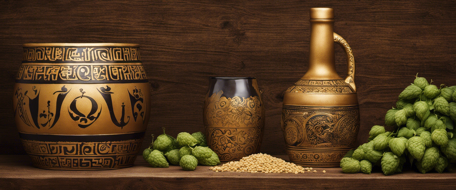 An image capturing the essence of the oldest known beer recipe: a rustic, earthenware vessel adorned with ancient symbols, brimming with golden liquid, surrounded by hops, barley, and aromatic herbs