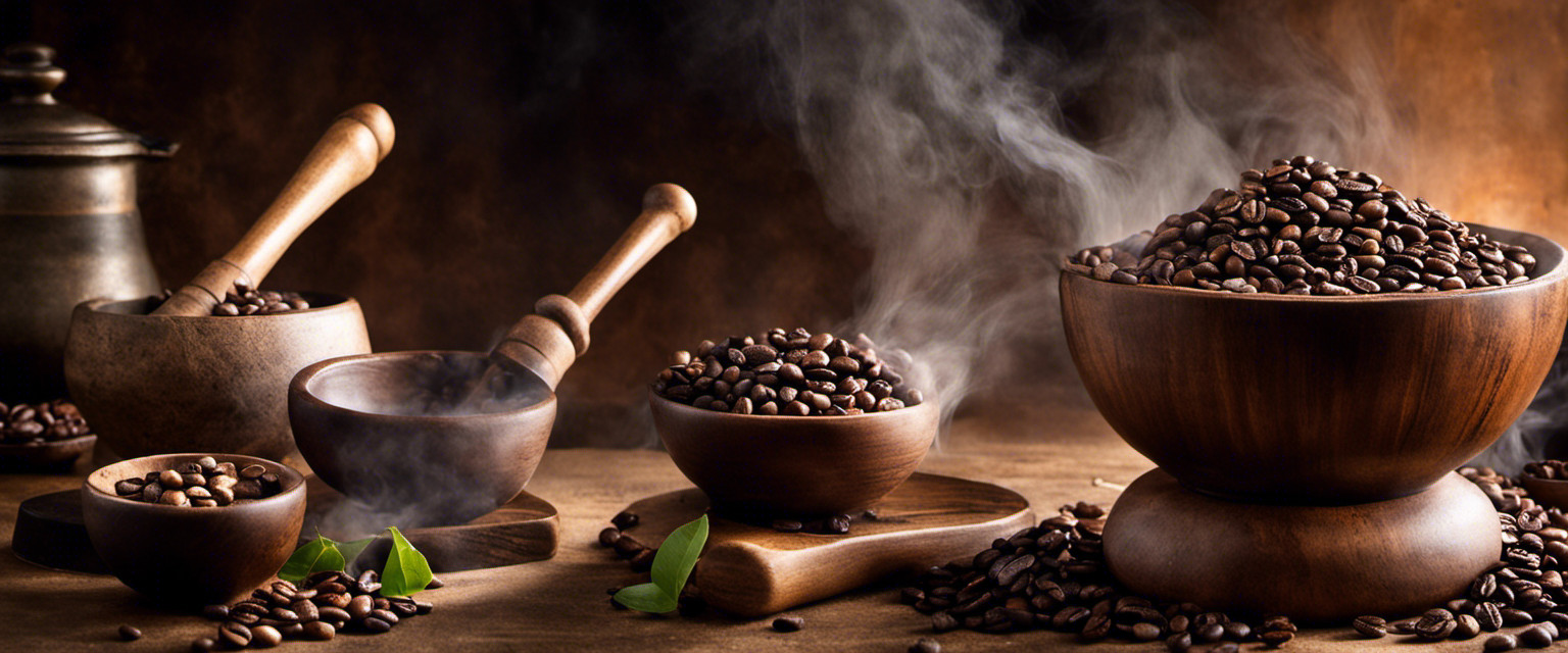 An image capturing the essence of ancient coffee-making: a weathered stone mortar and pestle grinding roasted coffee beans, surrounded by delicate wisps of aromatic steam, evoking a sense of antiquity and the birth of a beloved beverage