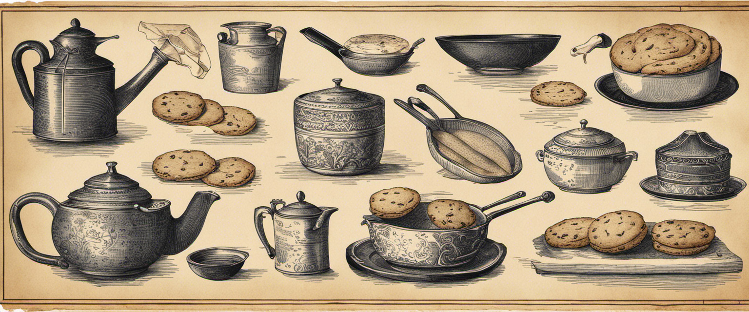 An image showcasing a vintage parchment paper adorned with delicate ink drawings of ancient baking tools