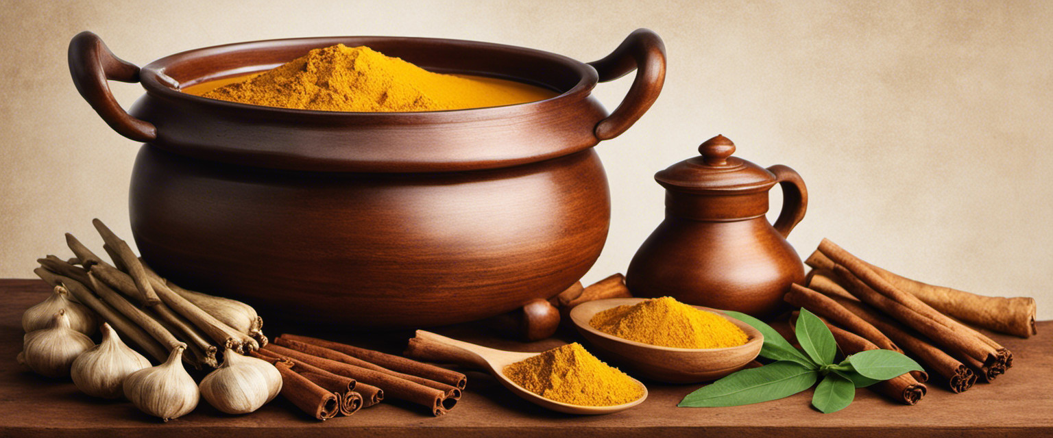 An image showcasing vibrant spices and ingredients like cardamom pods, turmeric roots, and cinnamon sticks