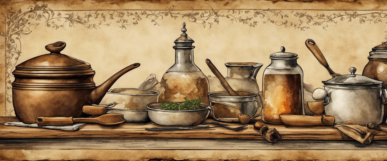 An image showcasing a weathered parchment with faded ink, revealing a quaint medieval kitchen scene