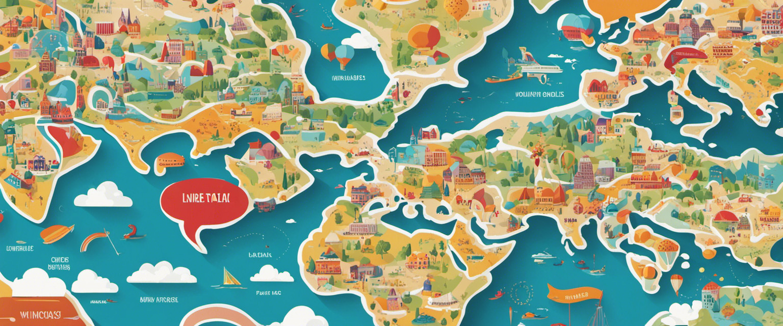 An image of a whimsical map, showcasing a vibrant world where colorful speech bubbles sprout from various regions, each representing a distinct baby talk accent