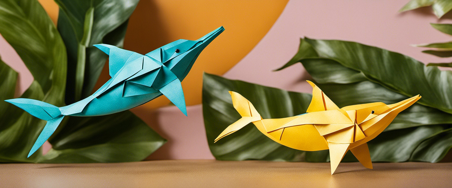 An image capturing the whimsical essence of banana dolphin paper crafts, showcasing intricate origami dolphins crafted from banana peels amidst a backdrop of vibrant tropical foliage