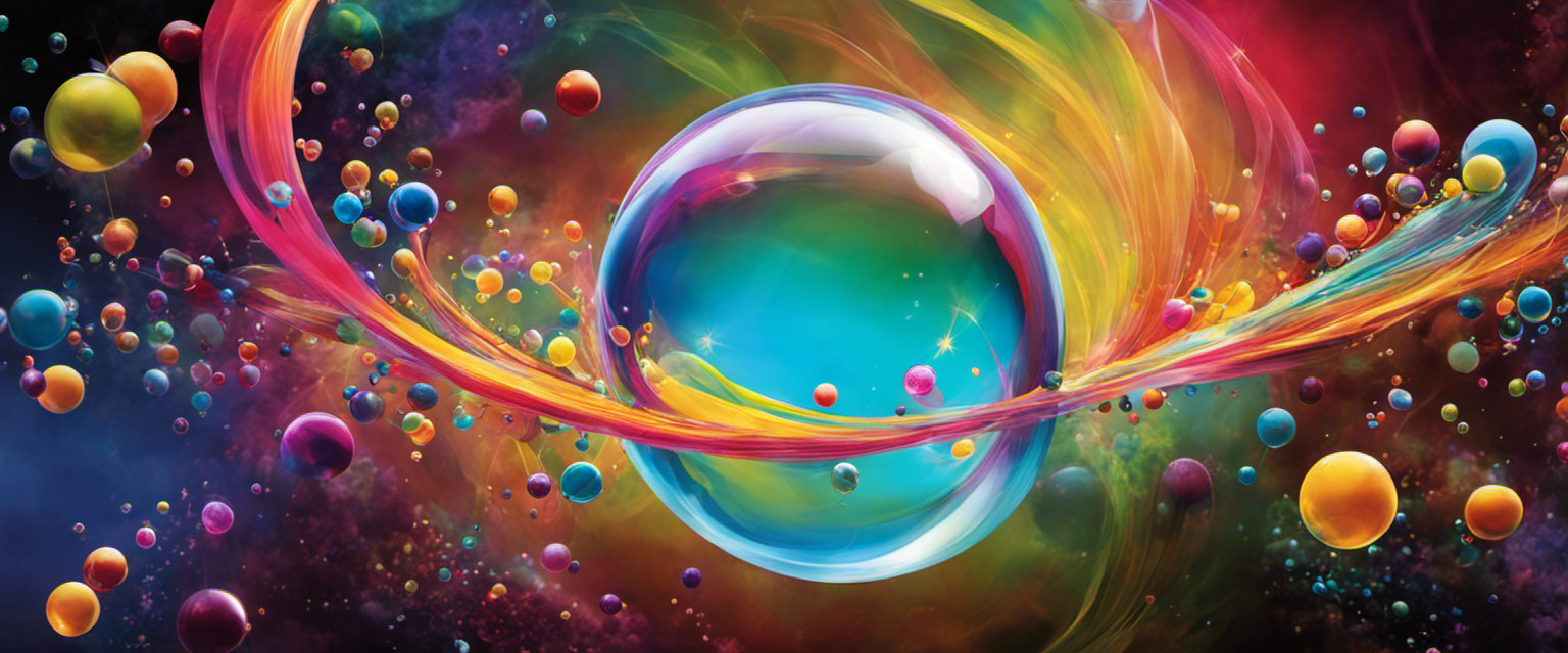 An image of a whimsical, vintage-looking bubble wand suspended in mid-air, surrounded by an enchanting burst of vibrant, swirling colors