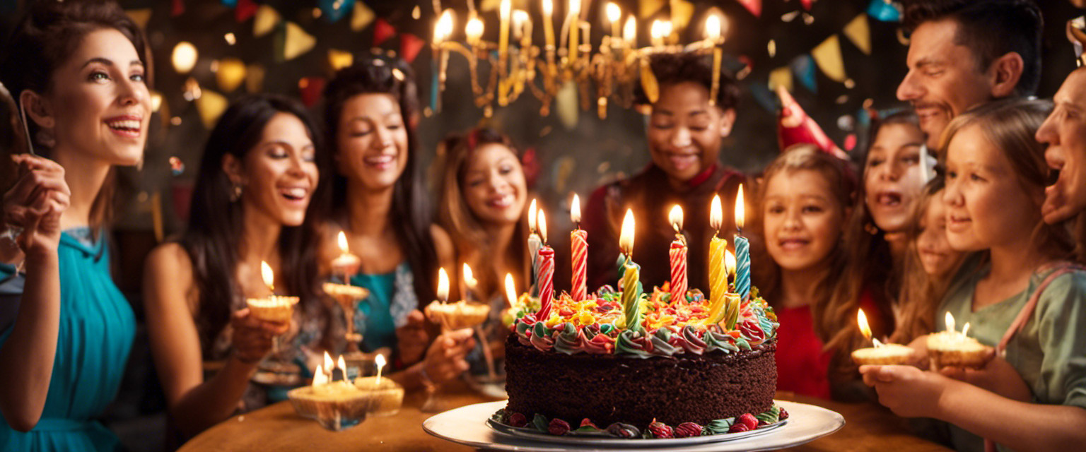 An image showcasing a vibrant birthday cake with flickering candles atop, surrounded by intrigued partygoers