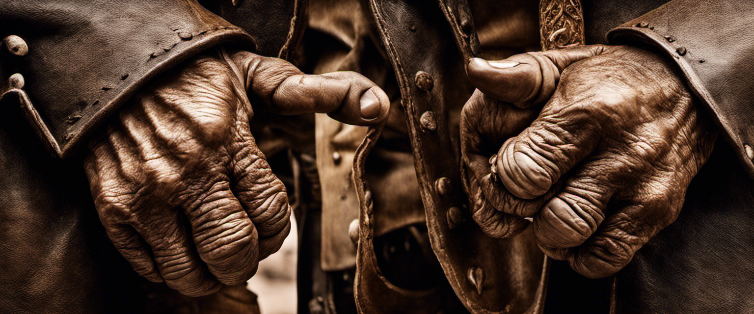 An image showcasing a close-up of weathered cowboy hands, intricately forming hand gestures like two fingers pointing, a thumb flick, and a palm tap, revealing the obscure origins of these iconic Old Western gestures