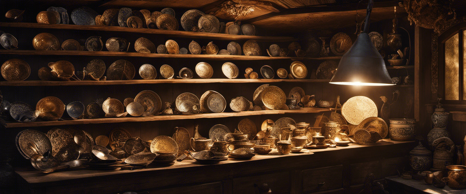 An image depicting a dimly lit attic filled with dusty shelves, adorned with an extensive collection of intricately designed spoons