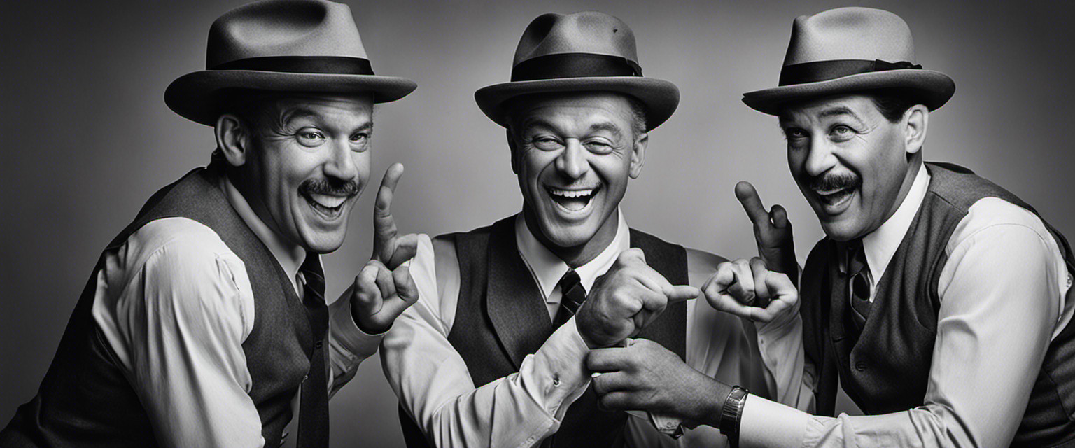 An image featuring a vintage black and white photograph of two men, one wearing a fedora and the other in suspenders, playfully extending their double pinky fingers, while raising their eyebrows and smirking mischievously