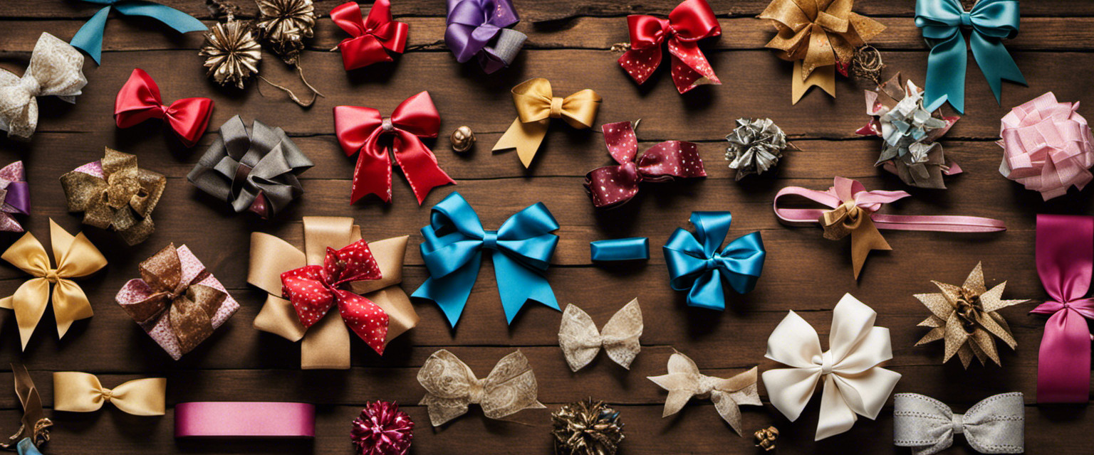 An image showcasing a collage of vintage gift bows, varying in colors and styles, scattered on a rustic wooden table