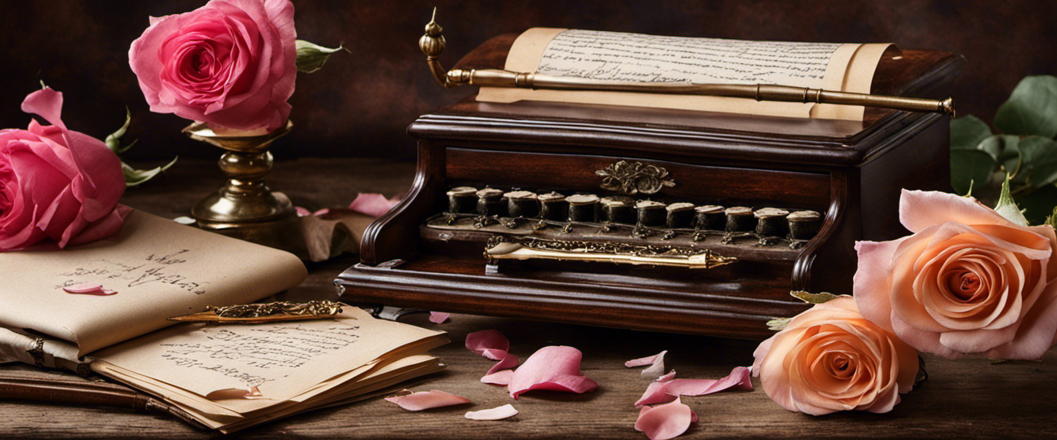 An image featuring an antique quill pen delicately poised on a vintage writing desk adorned with faded roses