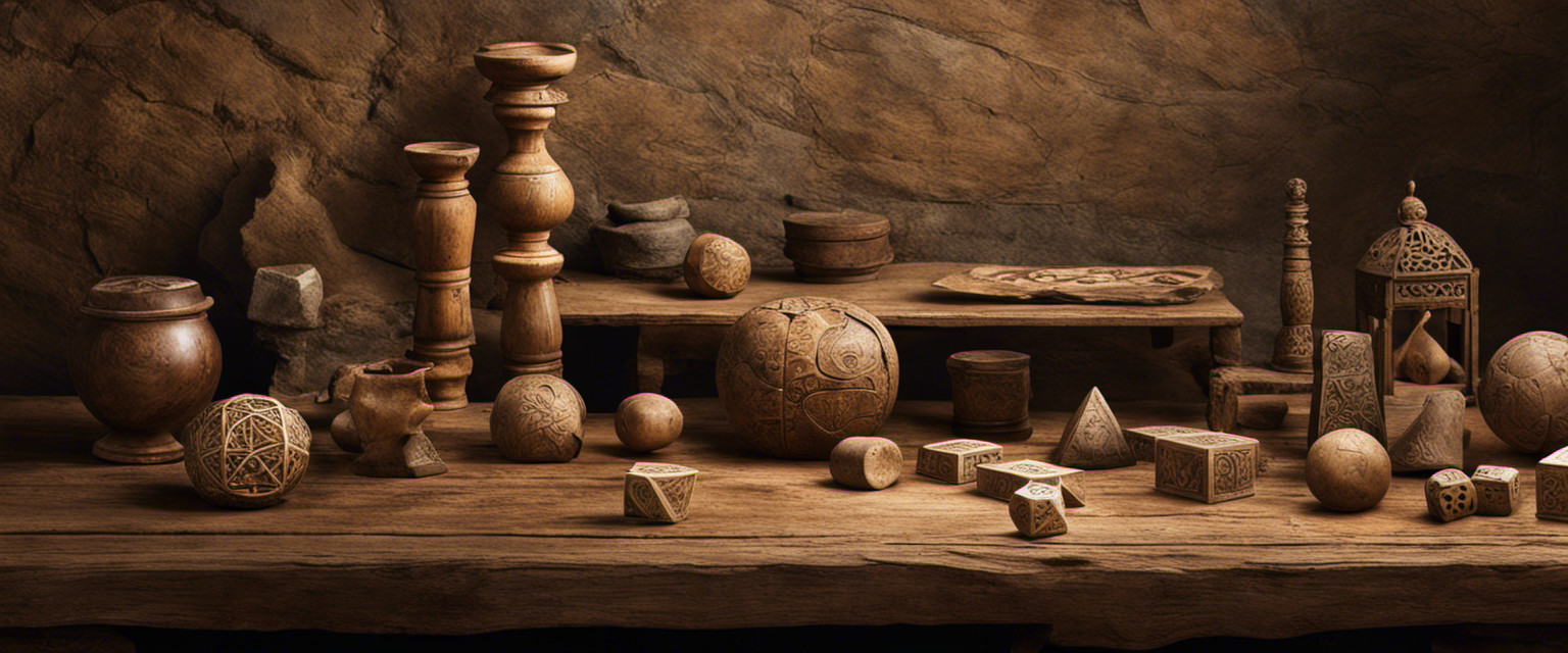 An image portraying a rustic wooden table with a variety of ancient artifacts, such as ancient dice, hand gestures carved in stone, and faded drawings of people guessing how many fingers are hidden, evoking the origins of this seemingly pointless but intriguing guessing game