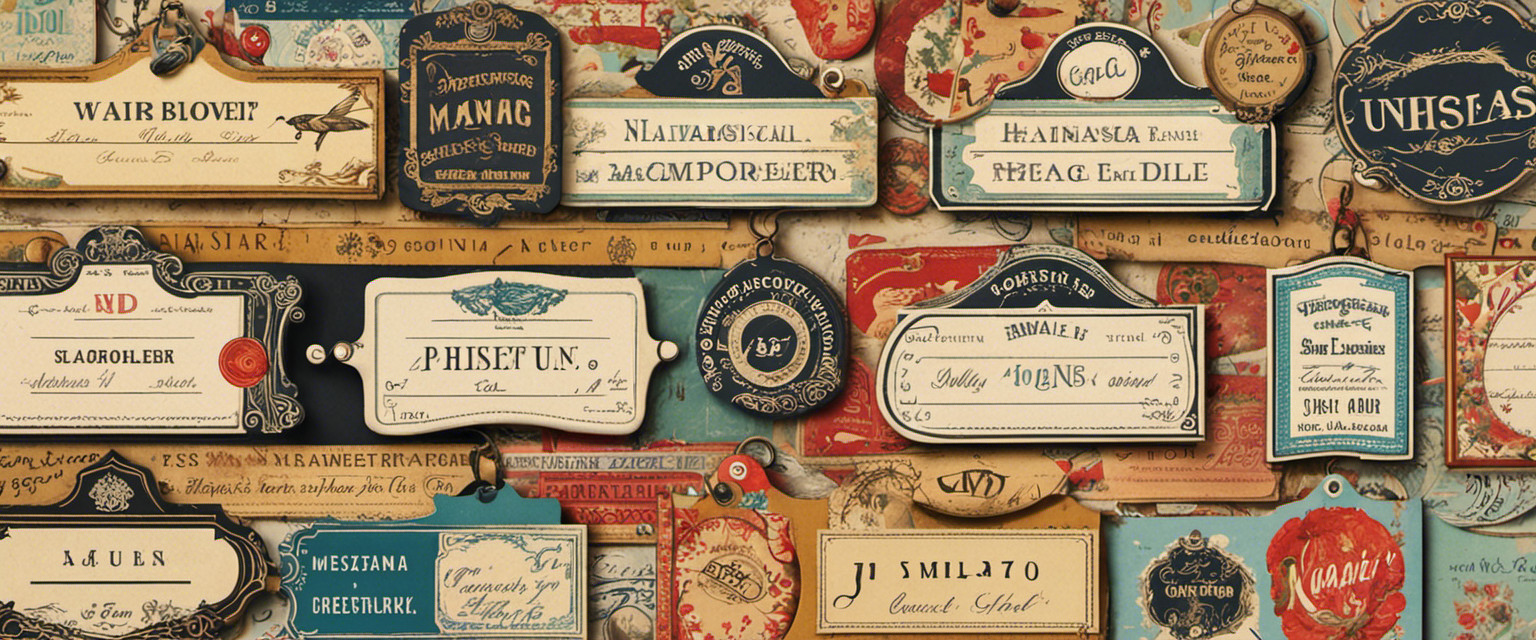 An image showcasing a whimsical collage of vintage name tags, each adorned with quirky symbols and patterns, evoking nostalgia and curiosity