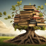 An image showcasing a whimsical tree with branches shaped like piggybacks, sprouting from a mound of historical books