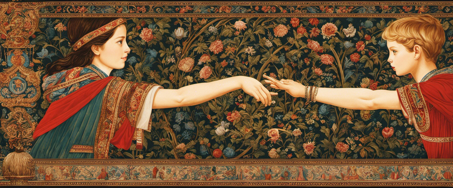 An image depicting two children, their hands forming a pinky swear, with a backdrop of historical tapestries illustrating ancient rituals